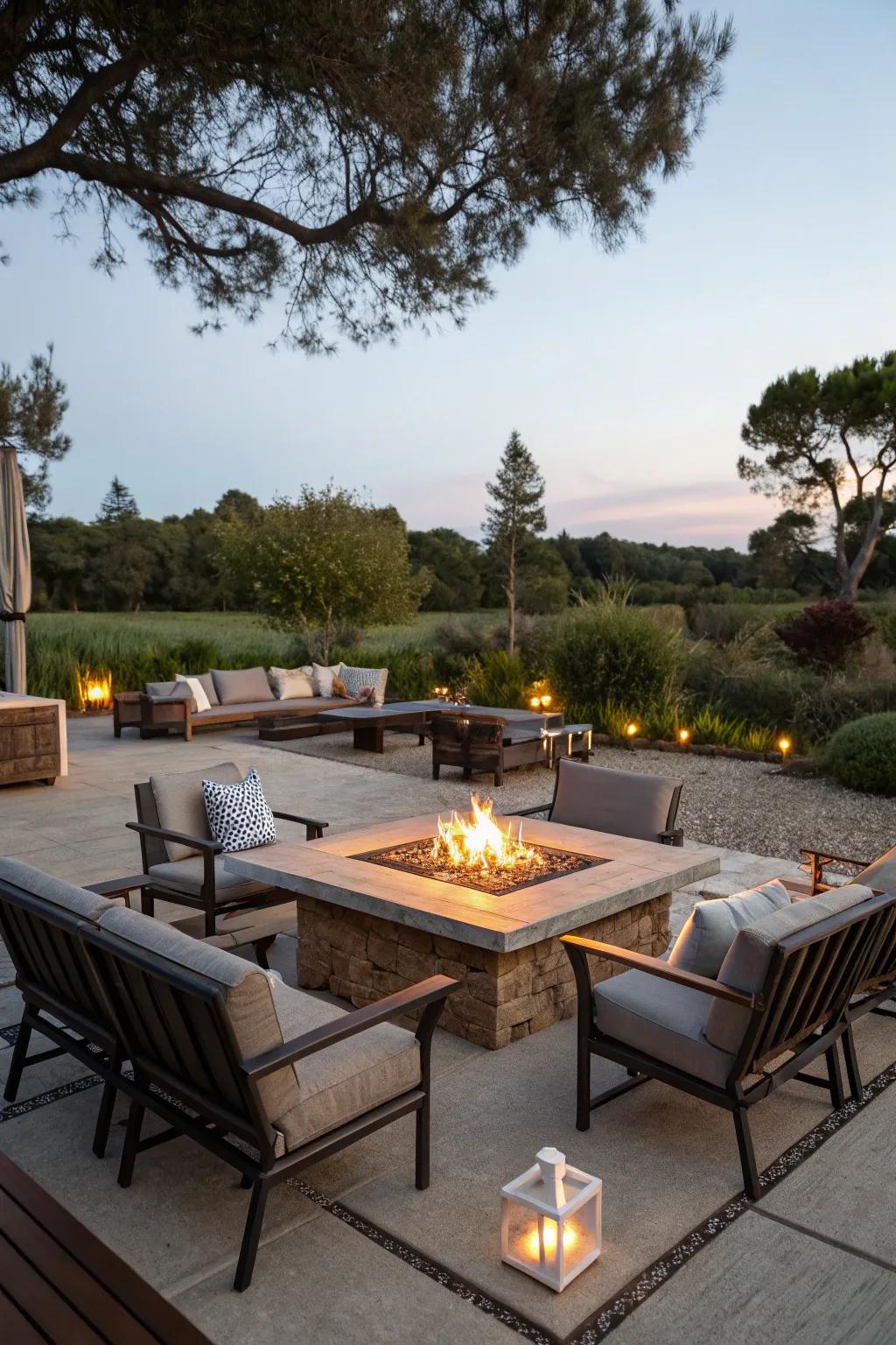 A fire pit table offers both warmth and a surface for dining or drinks.