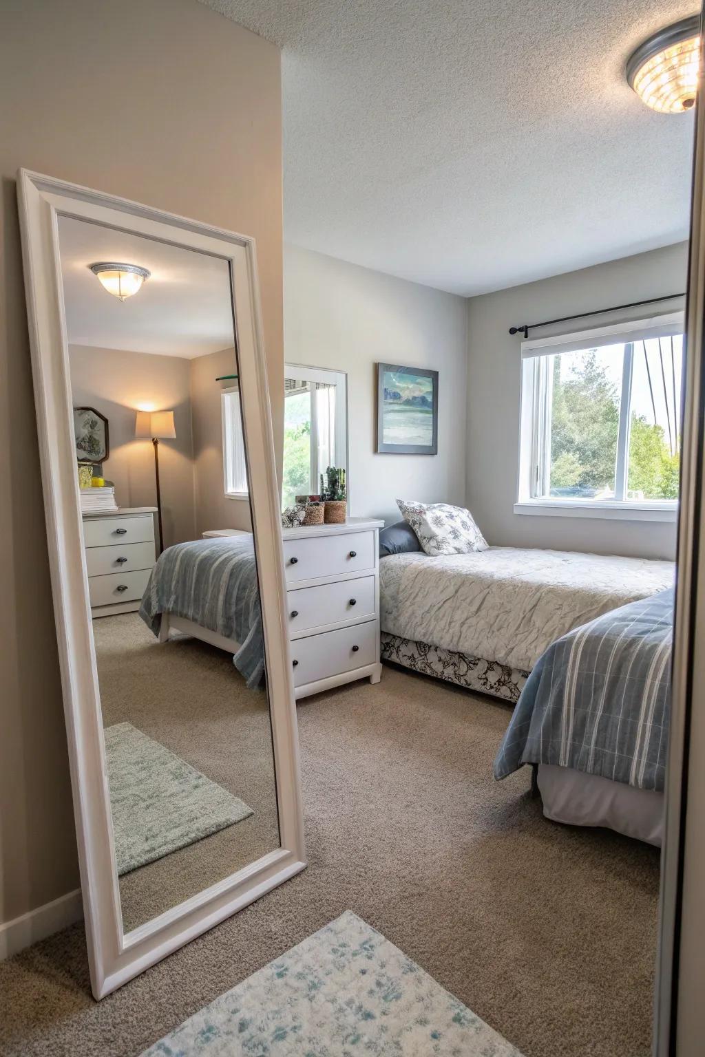 A small bedroom using mirrors to give the impression of more space.