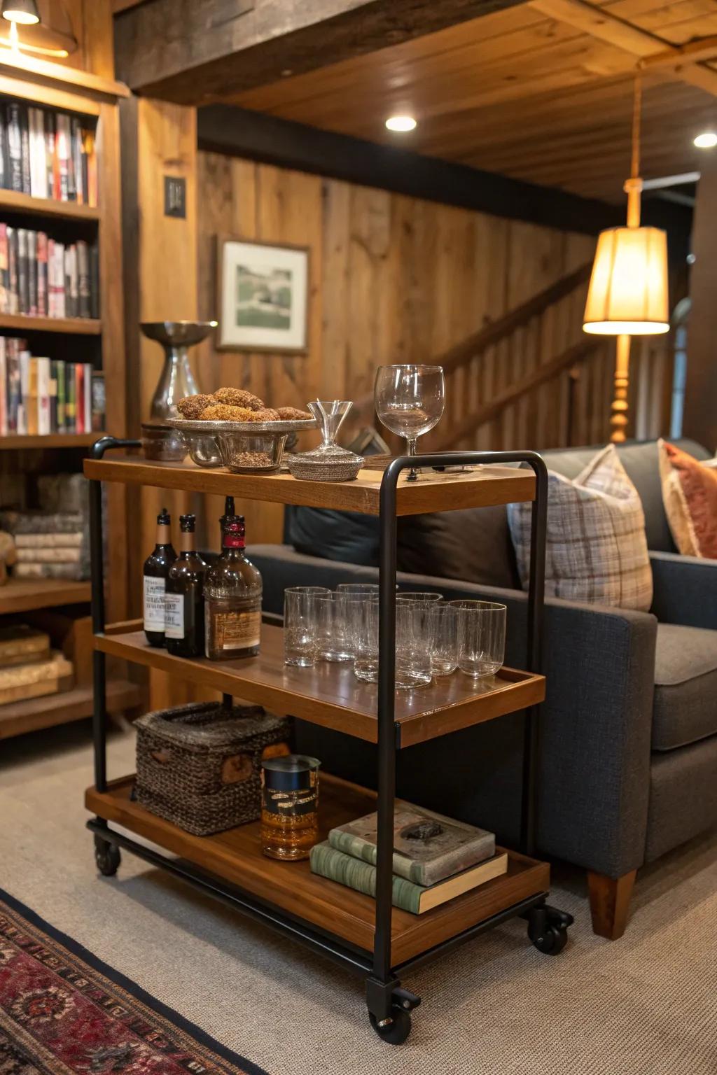 A mini bar cart stylishly fits into a corner, adding a touch of elegance.