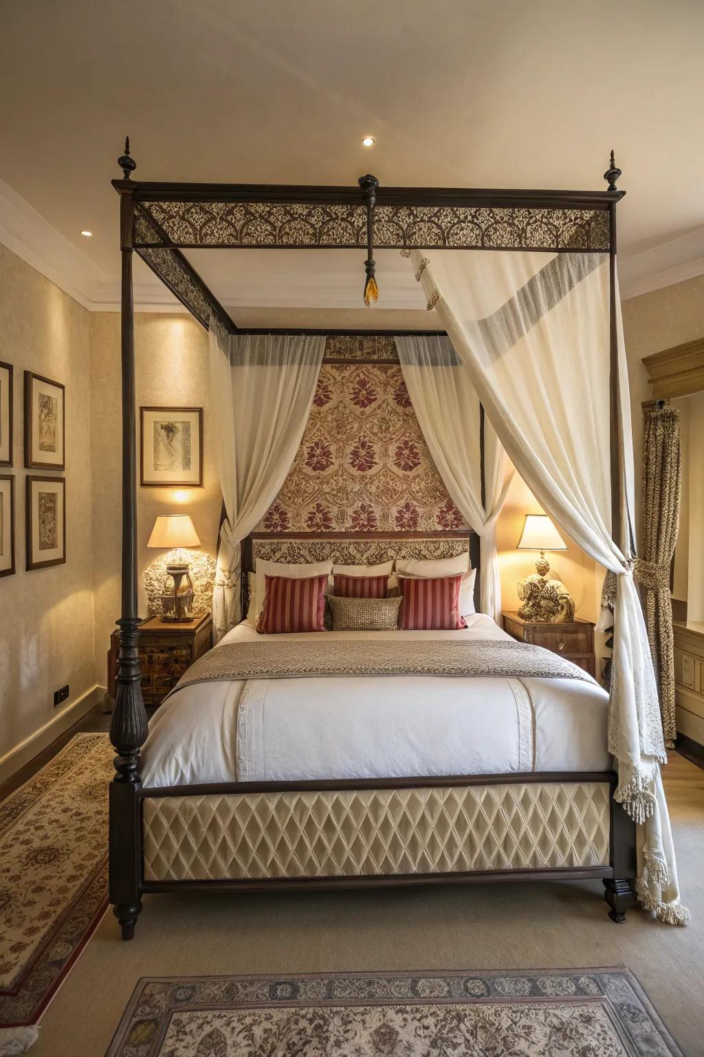 A canopy or striking headboard can serve as an alluring centerpiece.