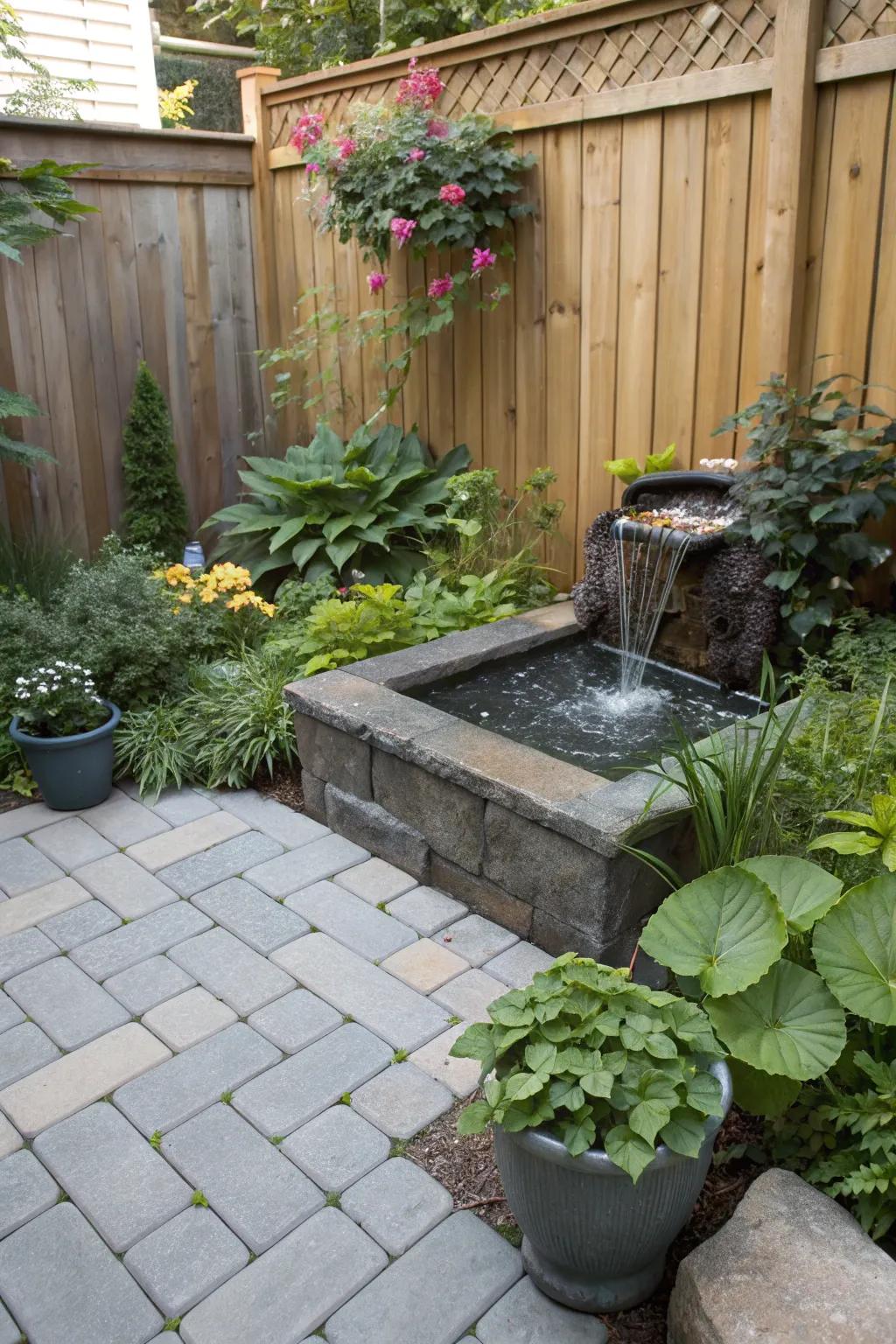A tranquil patio featuring a soothing aqueous attribute.