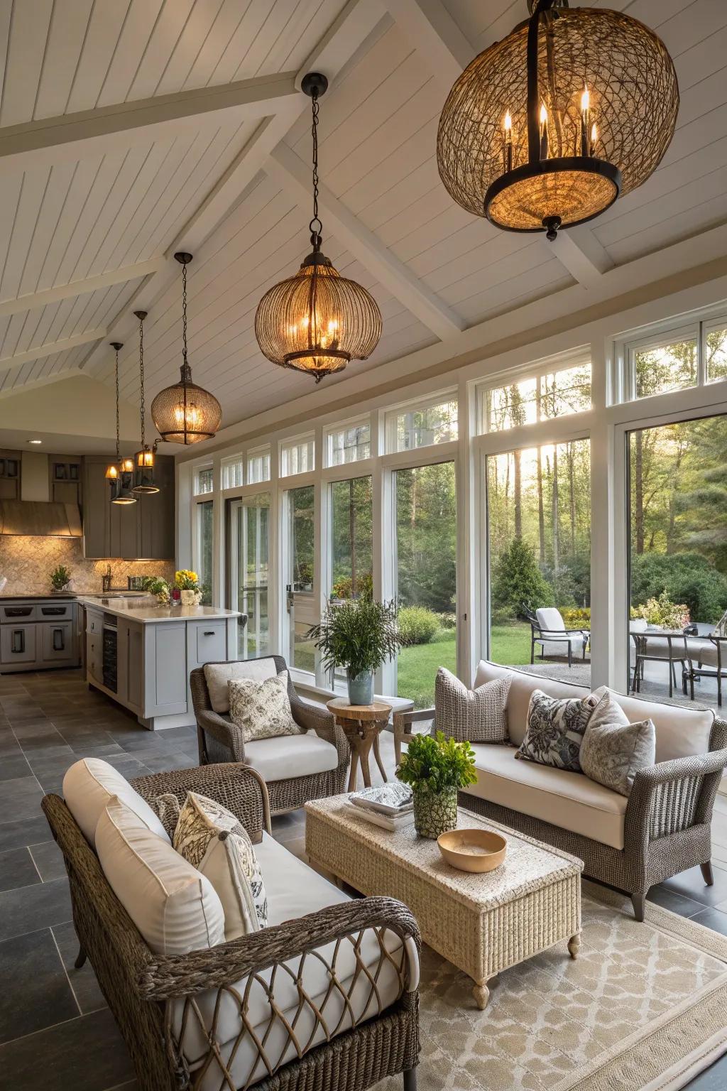 Ornamental lighting enhances warmth and ambiance.