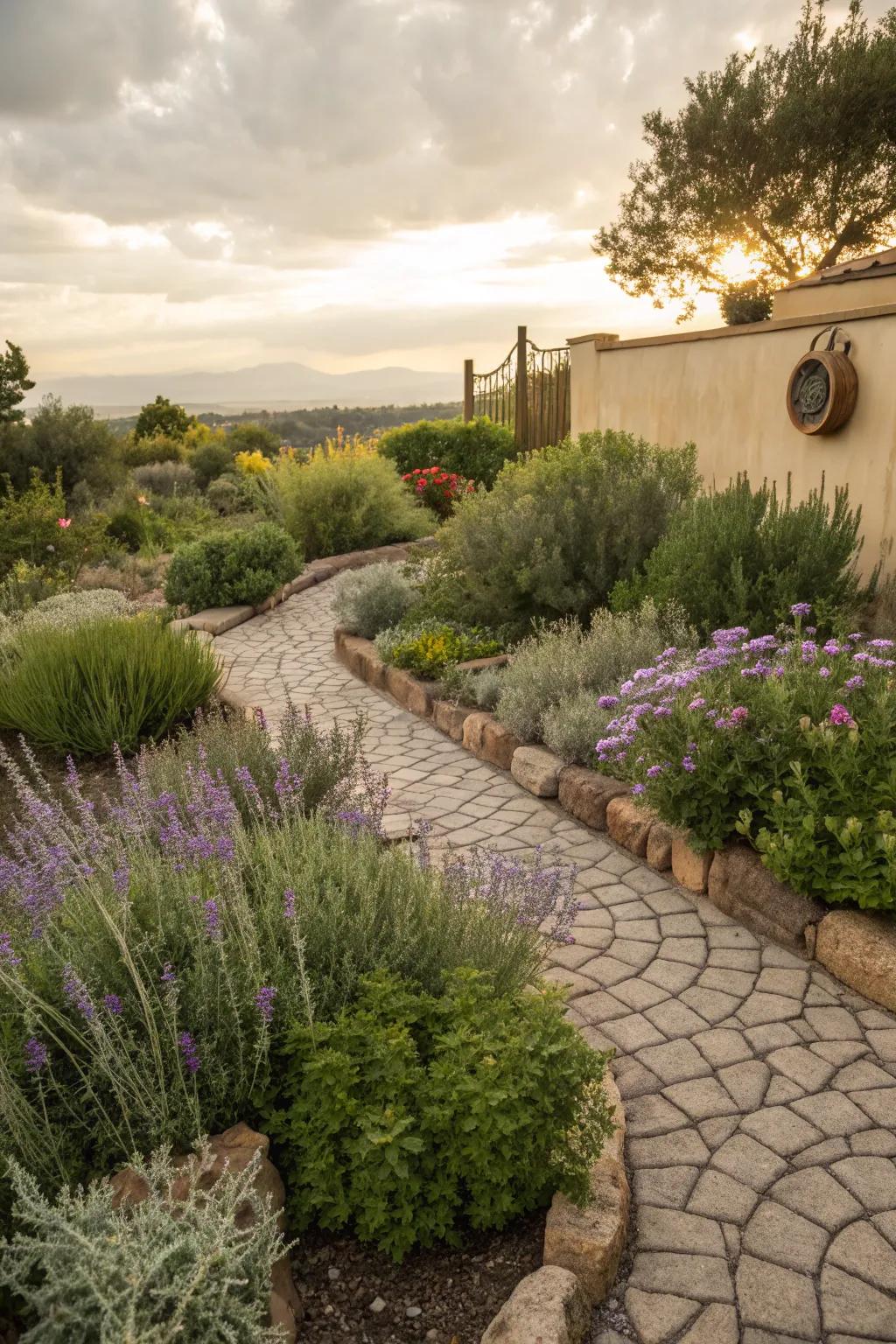 Herb garden with Mediterranean cobblestone stamped concrete border