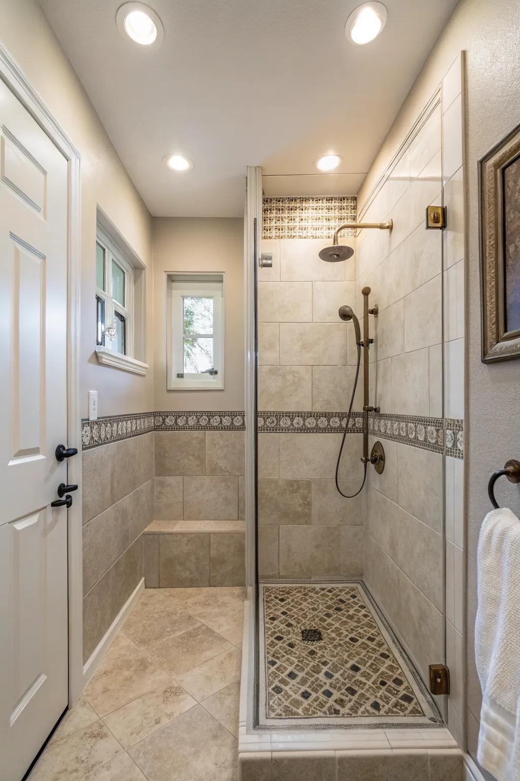 Neutral palettes create a serene shower setting.