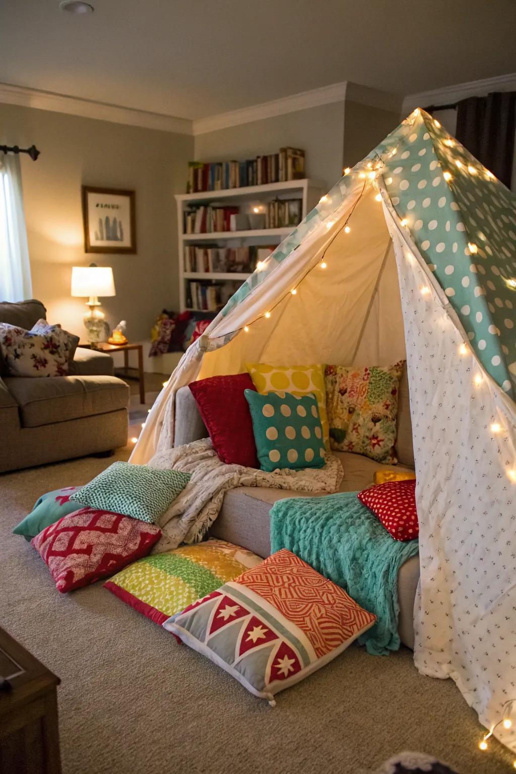 Relive childhood fun by building a cozy blanket fort for two.