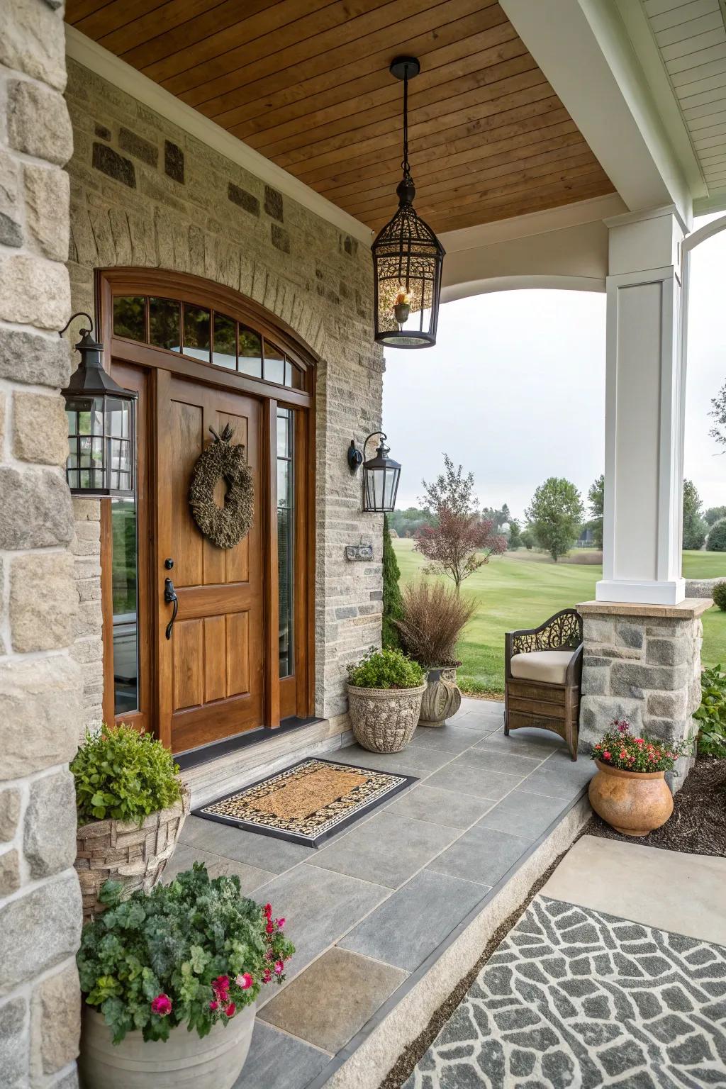 Stone-framed doors make a bold and welcoming statement.