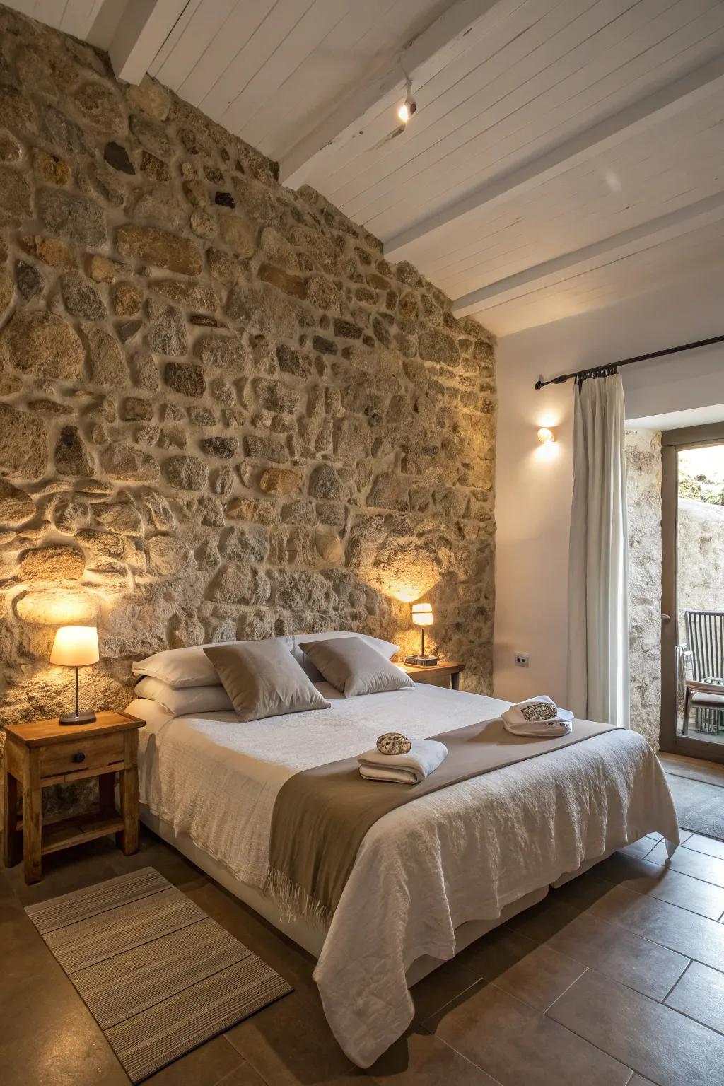 A bedroom that welcomes relaxation using a rock feature wall.