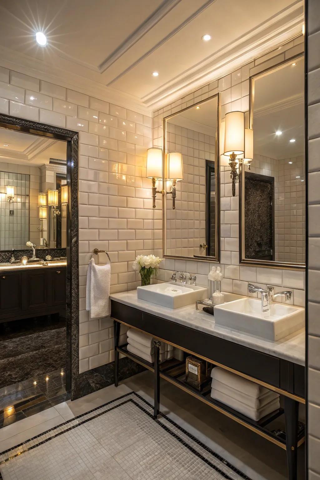 This bathroom radiates a glamorous and sophisticated aura, courtesy of shimmering claddings.