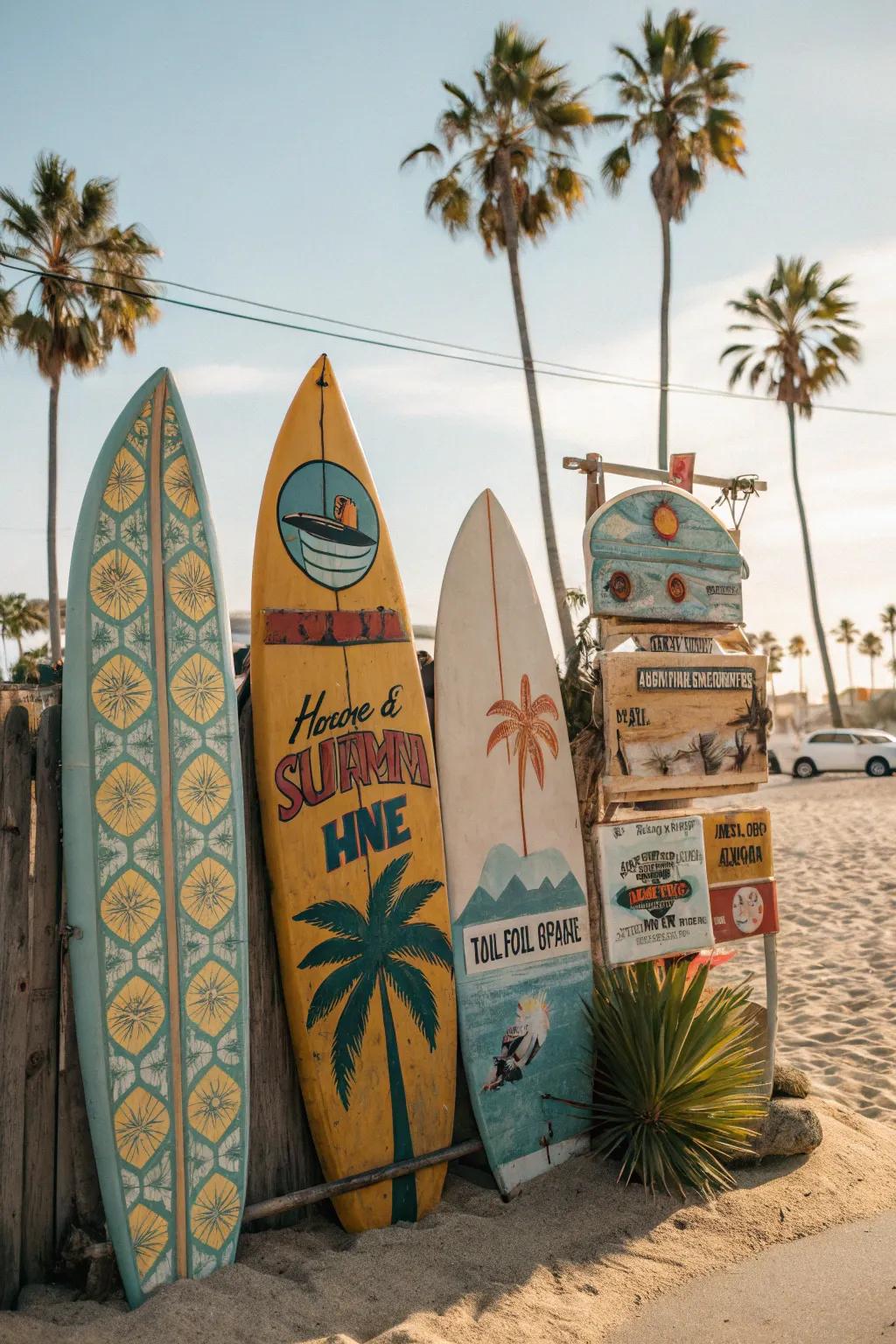 A retro surf shack themed board with surfboards and beach signs.