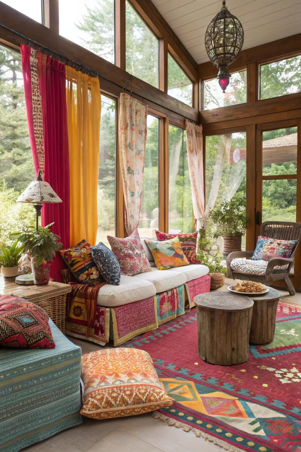 A sunroom radiating bohemian charm with vibrant fabrics.