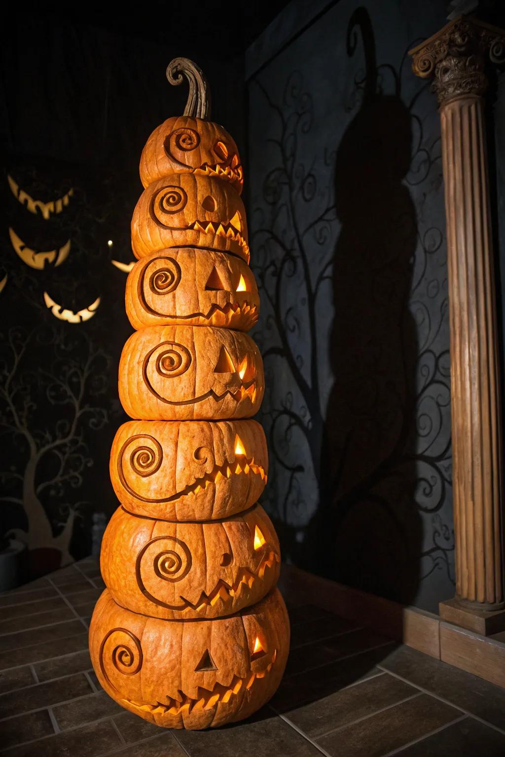 Add a twist to your pumpkin carving with a spiral pattern featuring spooky faces.