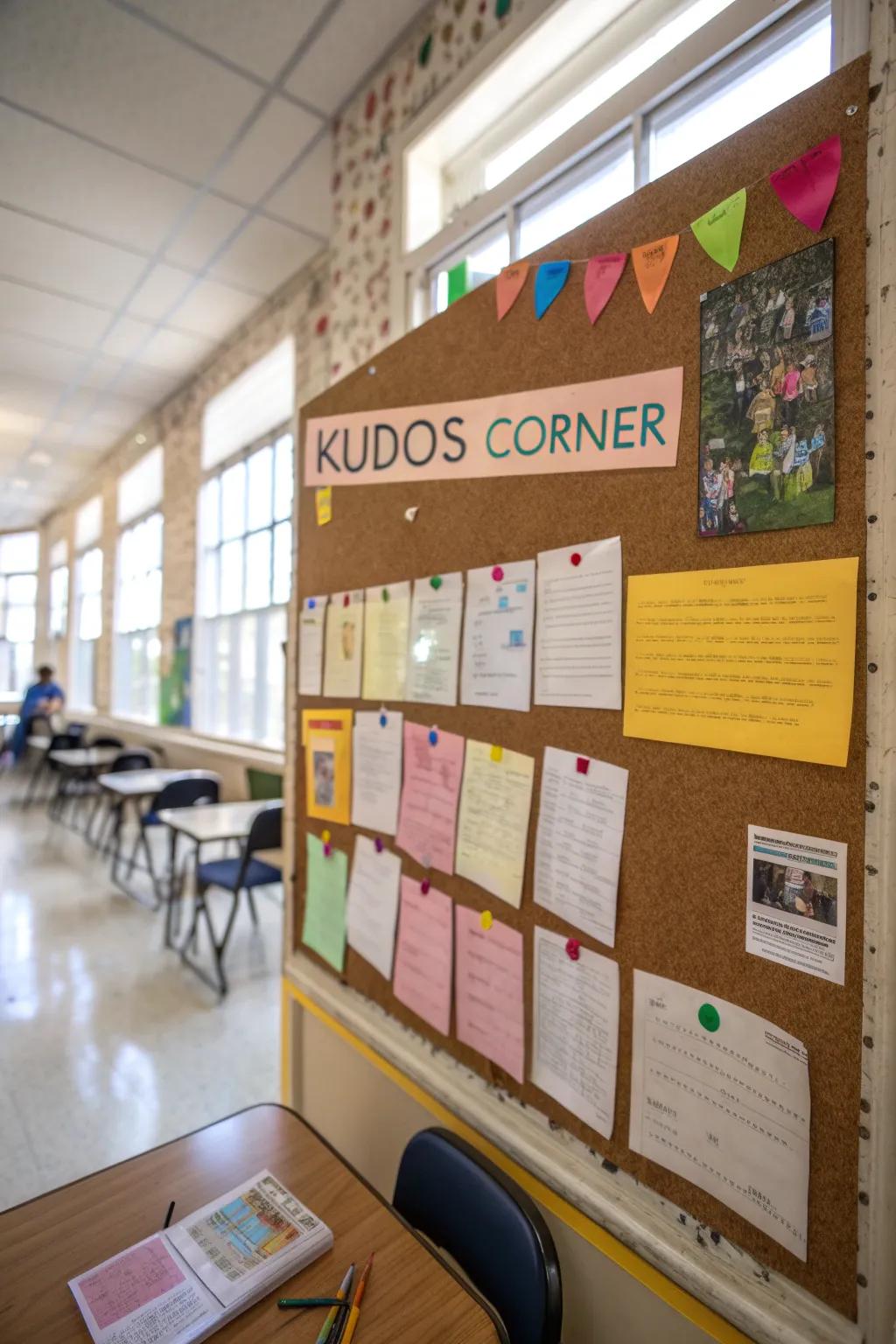 An engaging 'Kudos Corner' bulletin board designed for distributing words of gratitude.