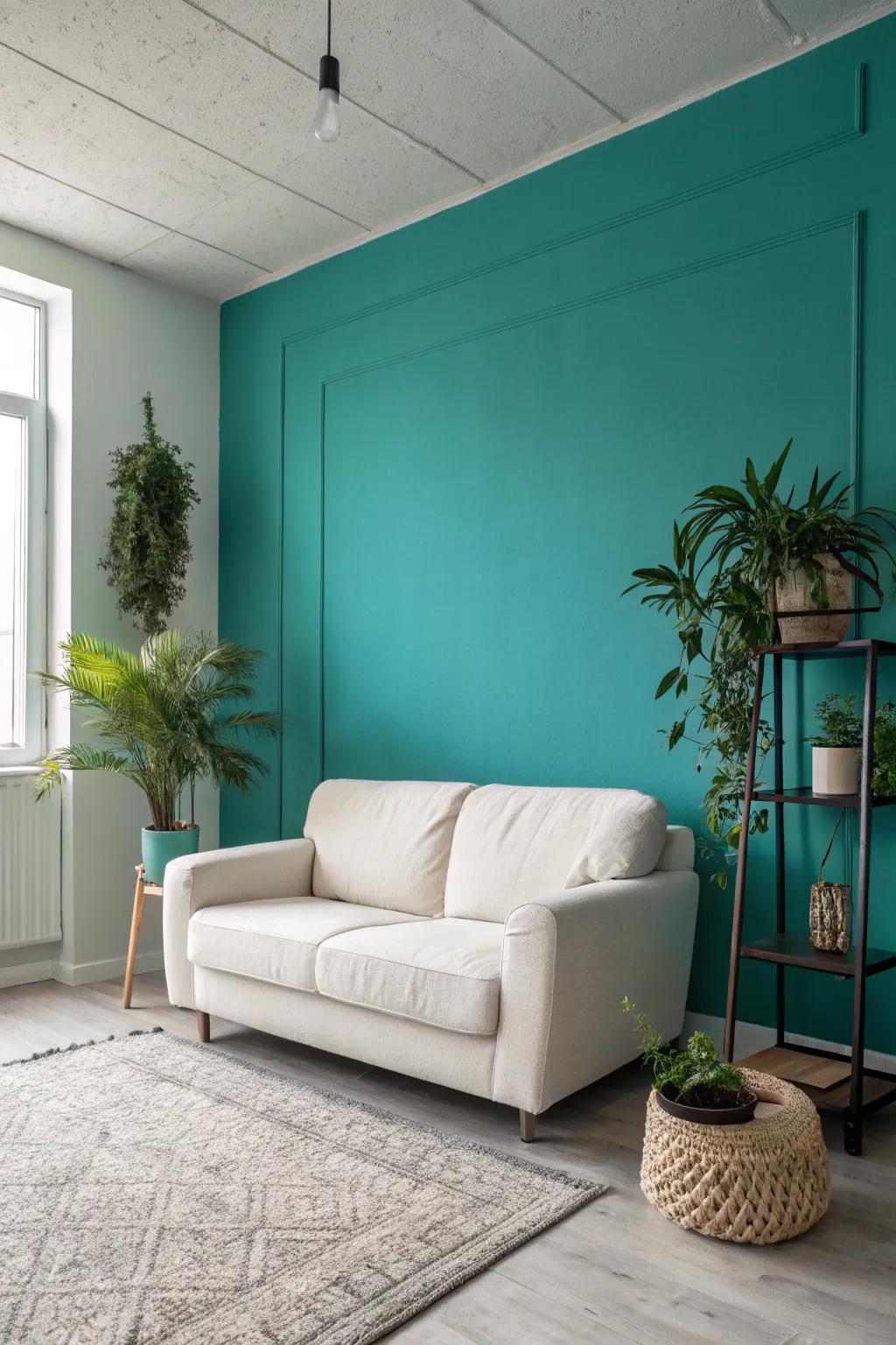 Minimalist room with a striking teal accent wall.