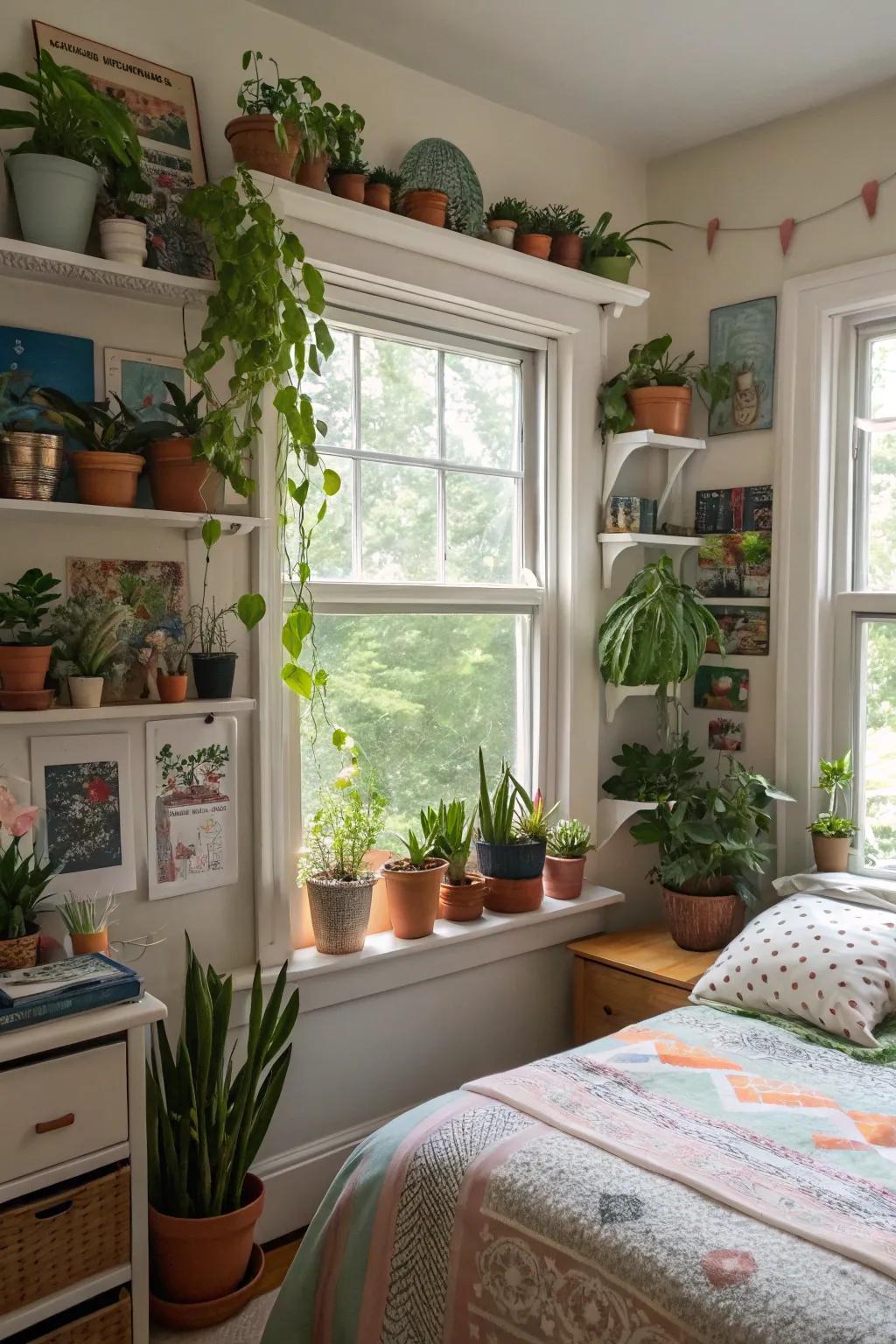 Greenery brightens up a teen girl's bedroom, adding a lively, fresh feel.