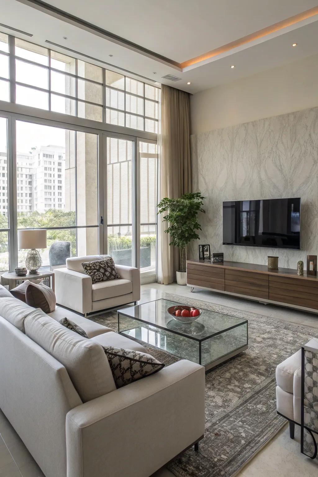 A TV space enhanced by chic, current furniture.