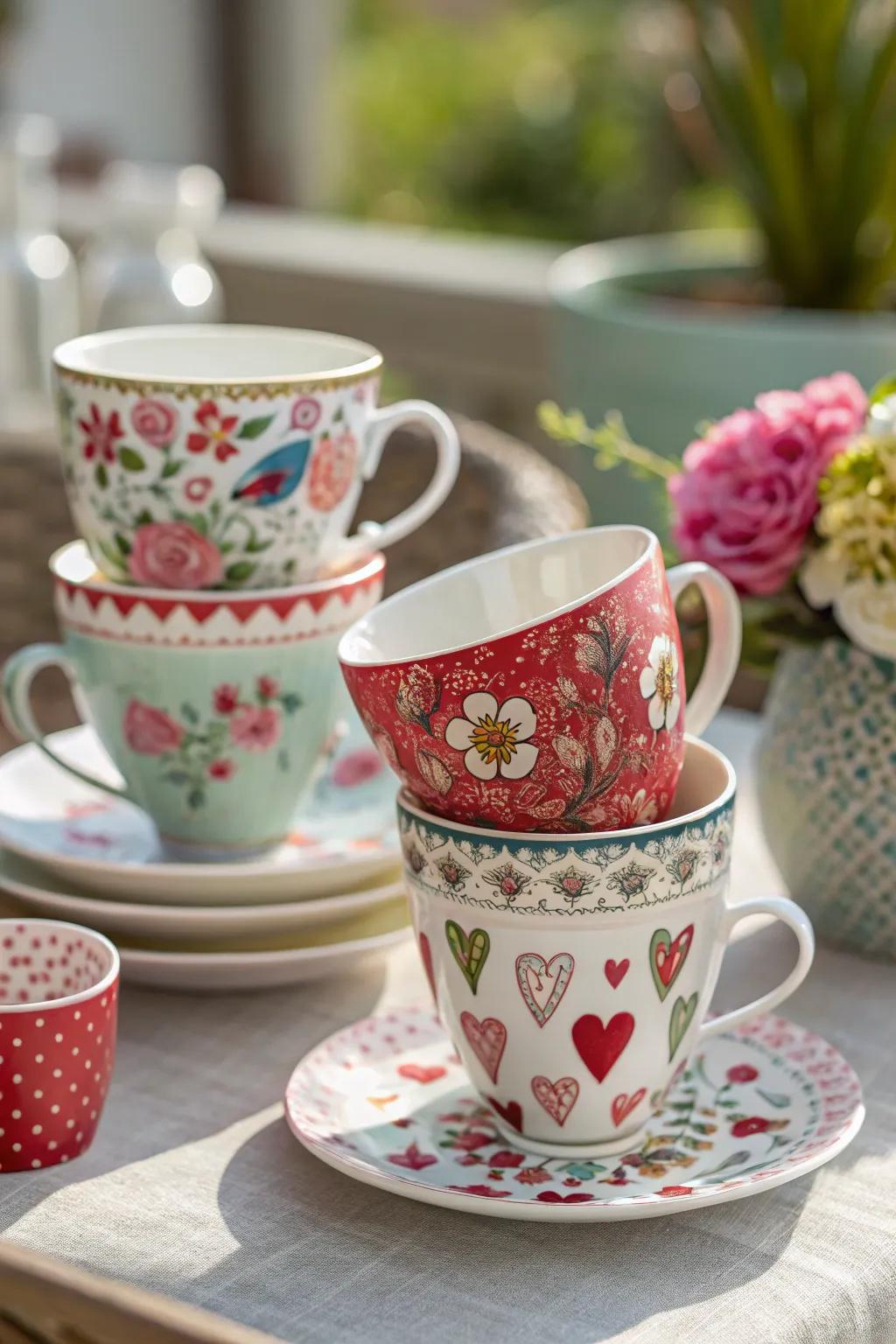 Charming decorative tea cups with floral and heart patterns.