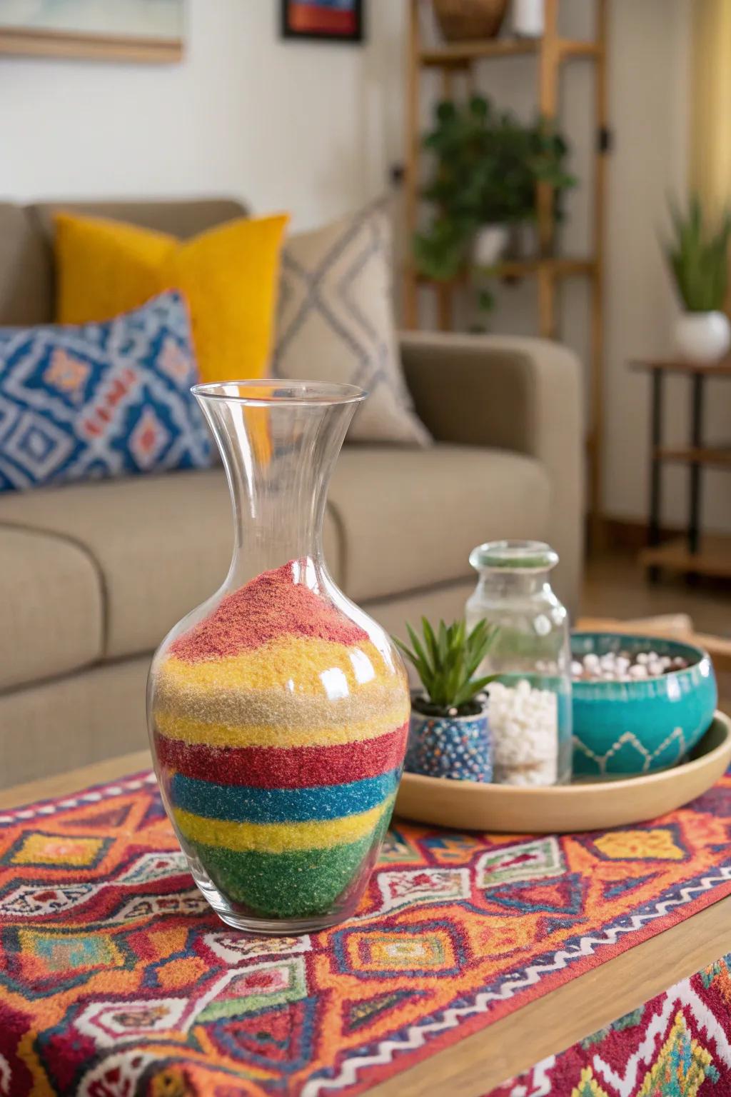 Express your creativity with layered multi-colored granules.