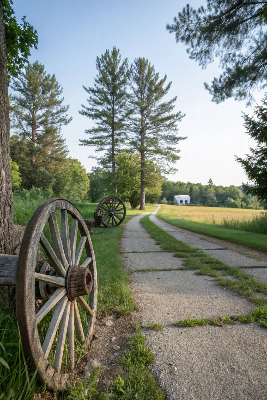 Cartwheels elegantly marking a driveway, enhancing its rural attraction.