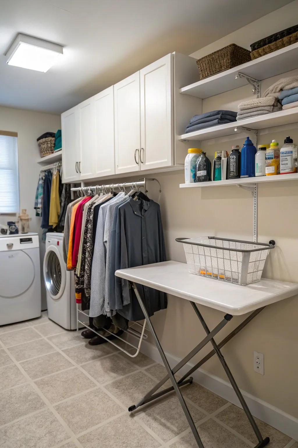 A functional laundry room featuring a wall-mounted clothing rack.