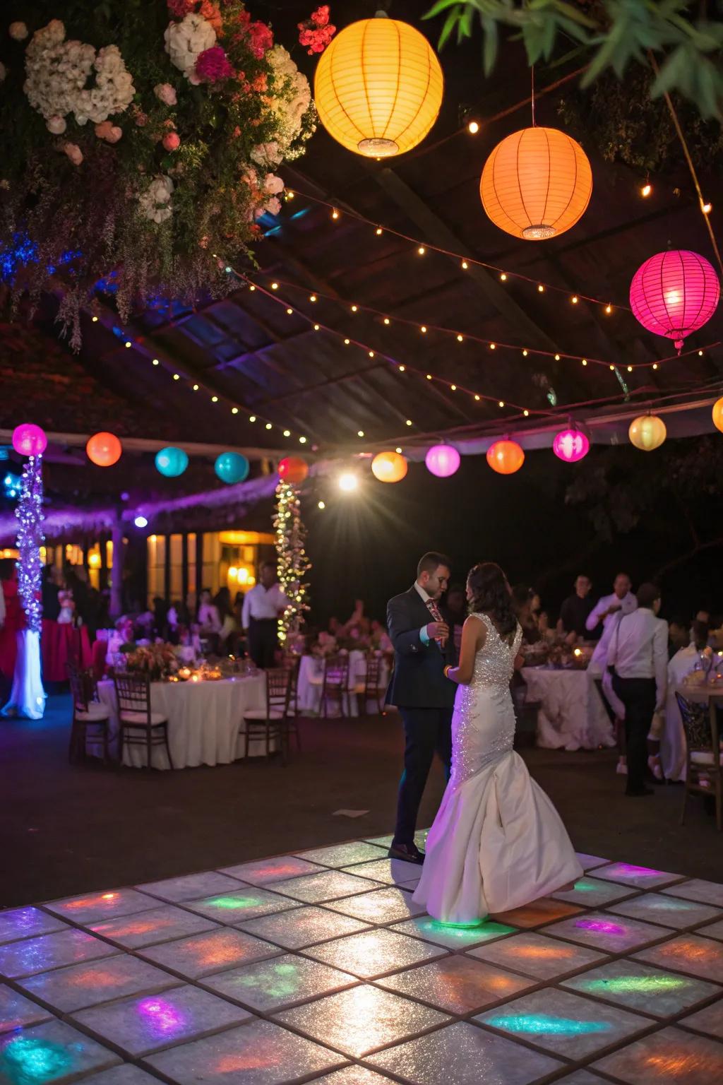 Multihued lighting reimagines a wedding gathering.