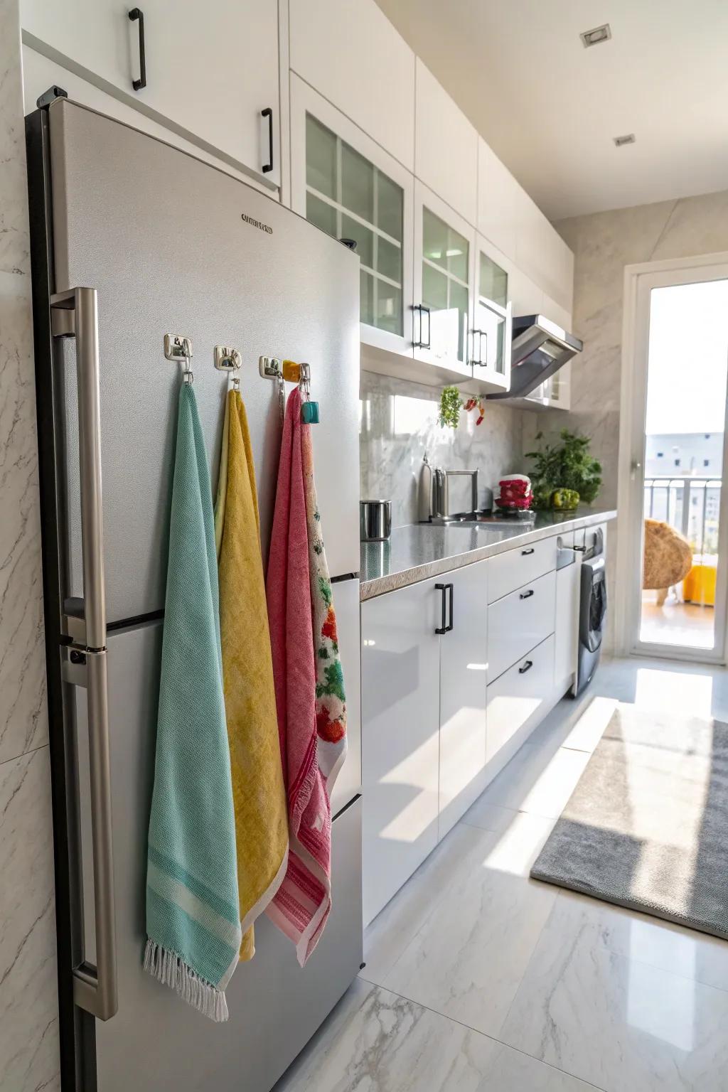 Hang towels on the refrigerator front for an unexpected and handy storage spot.