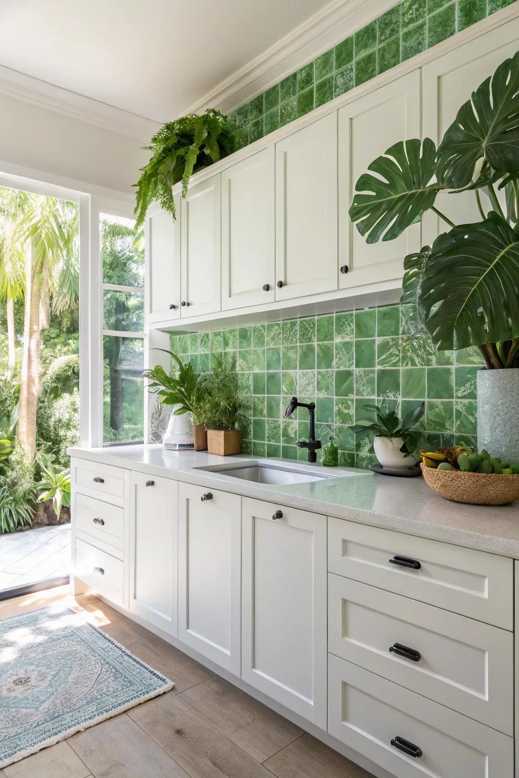 Verdant tiles instilling a sense of natural freshness into a kitchen featuring white cabinets.