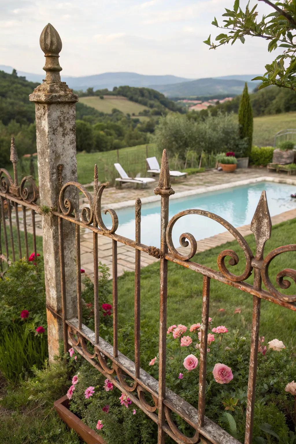 A rustic metal barrier adds a cozy touch to this countryside pool.