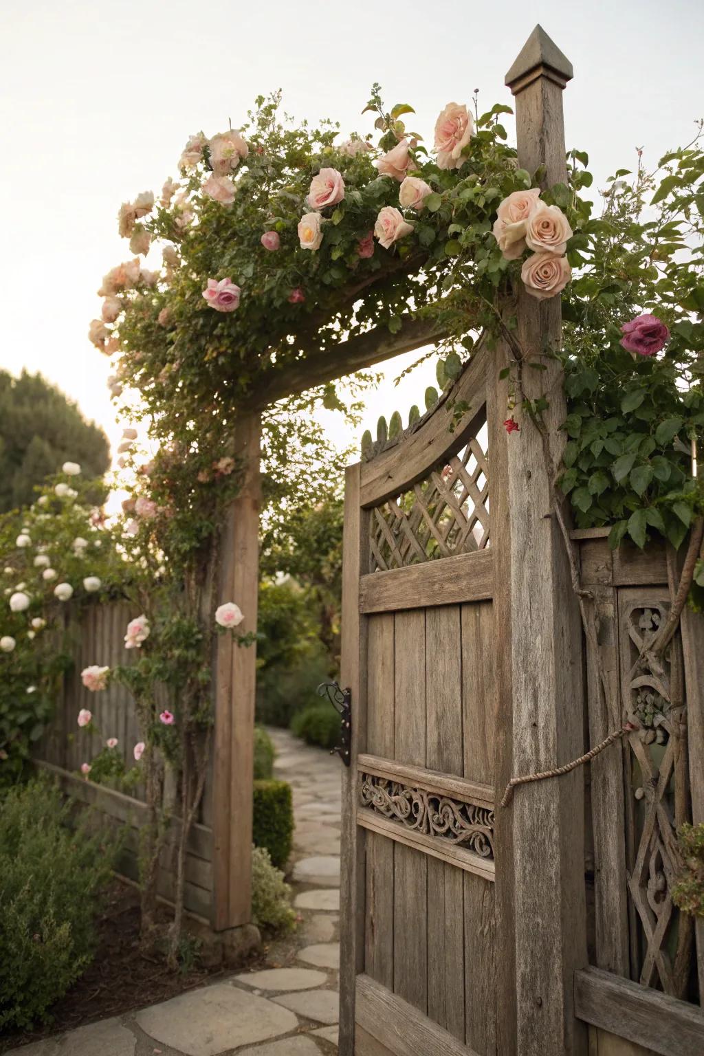 An artistic wooden gate invites you into this enchanting garden.