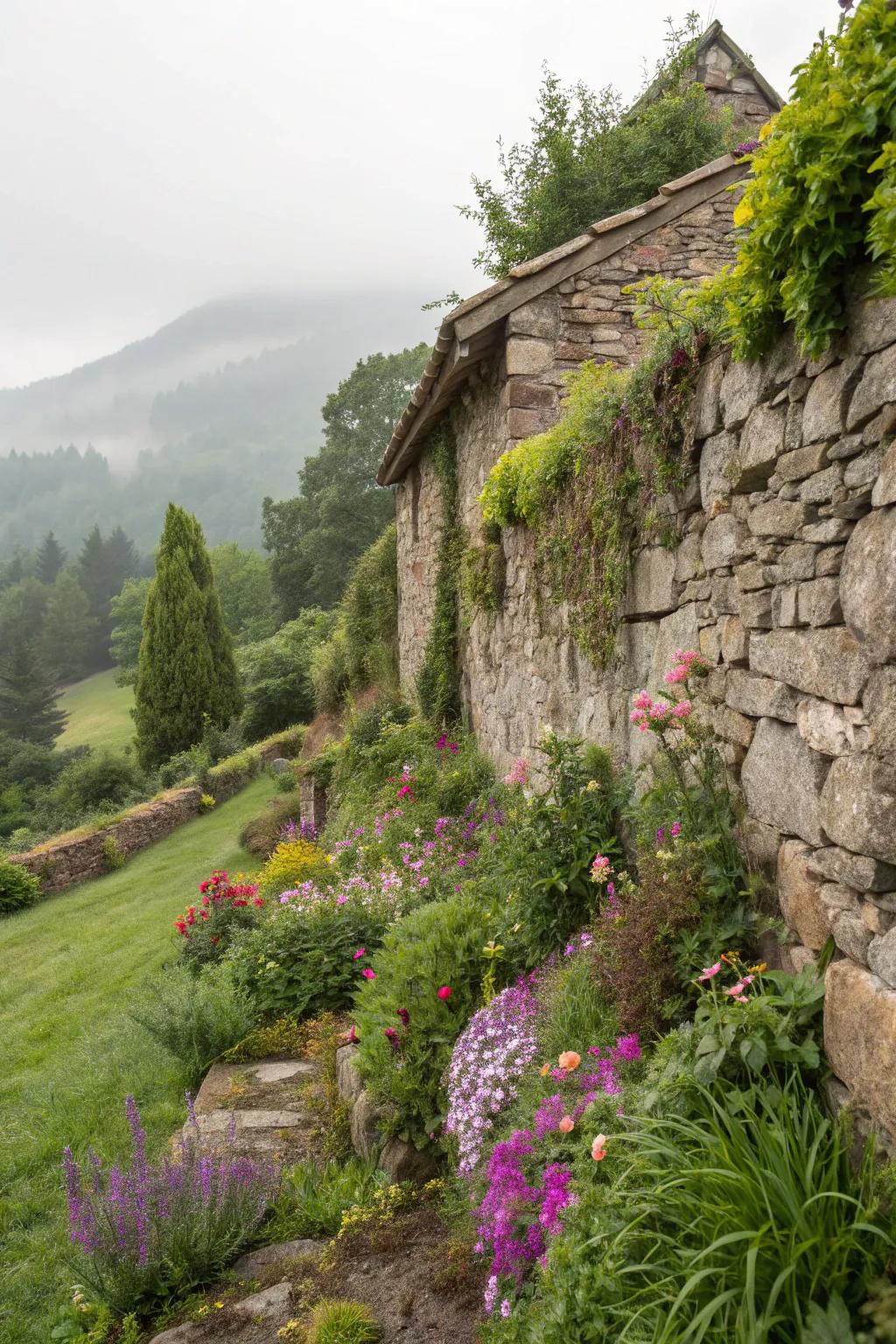 A rustic stone wall that also functions as a gorgeous planter.