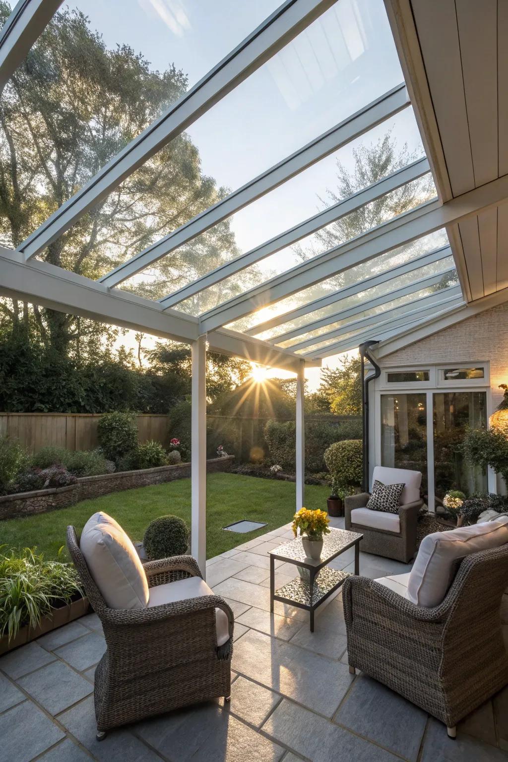 A crystalline roof delivers elegant defense for your patio.
