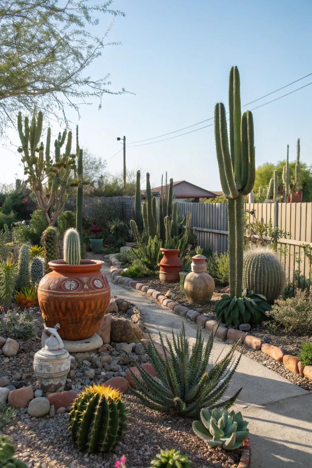 Inventive sculptures and pottery introduce a special touch to the cactus garden.