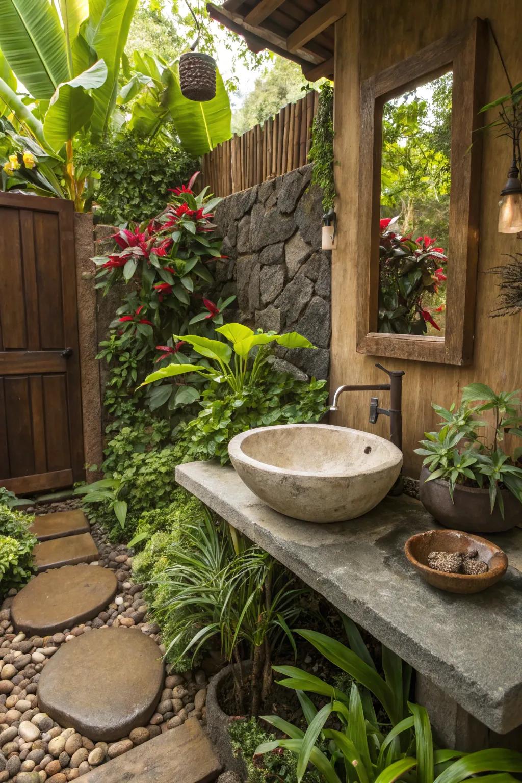 A nature-themed basin area adds a revitalizing touch.
