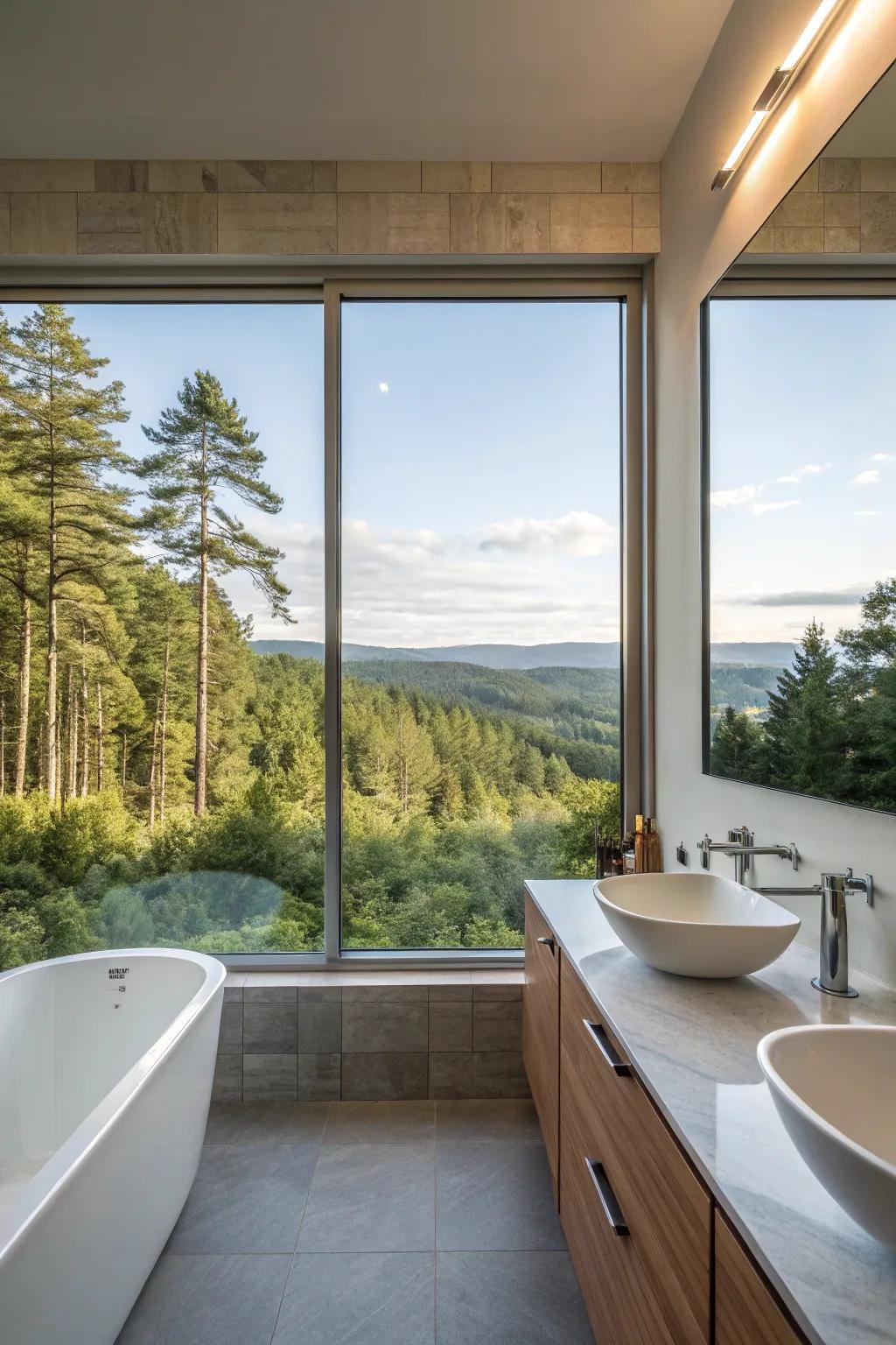 Picture windows framing breathtaking views in the bathroom.