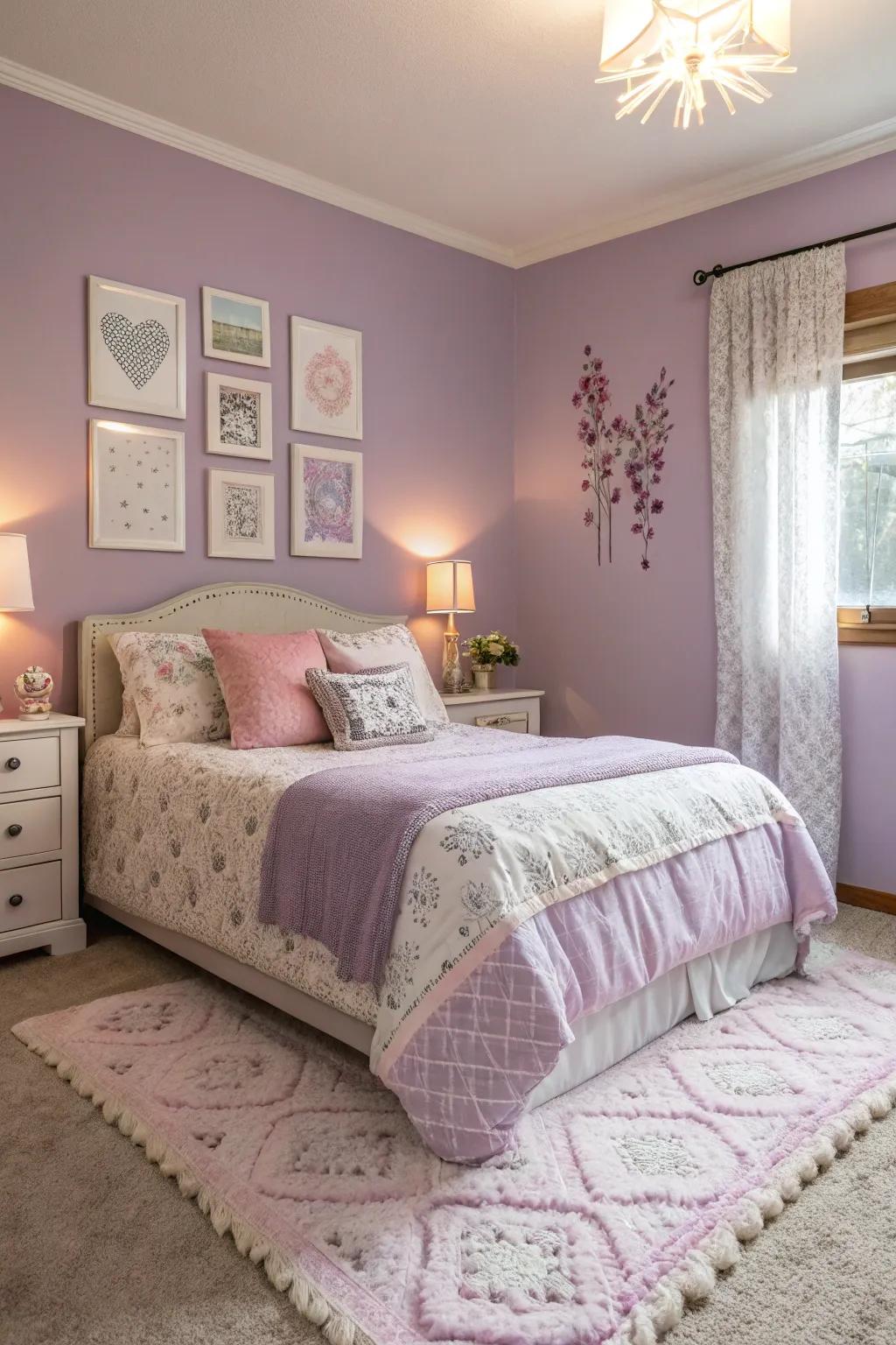 A serene bedroom with lavender walls that encourage relaxation and tranquility.