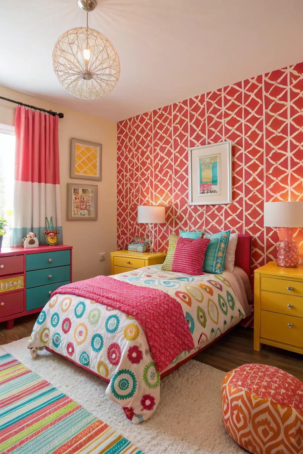Vivid designs energize the room's feel.