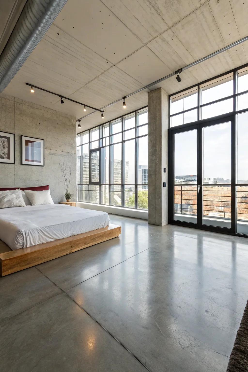 Minimalist bedroom featuring streamlined concrete flooring