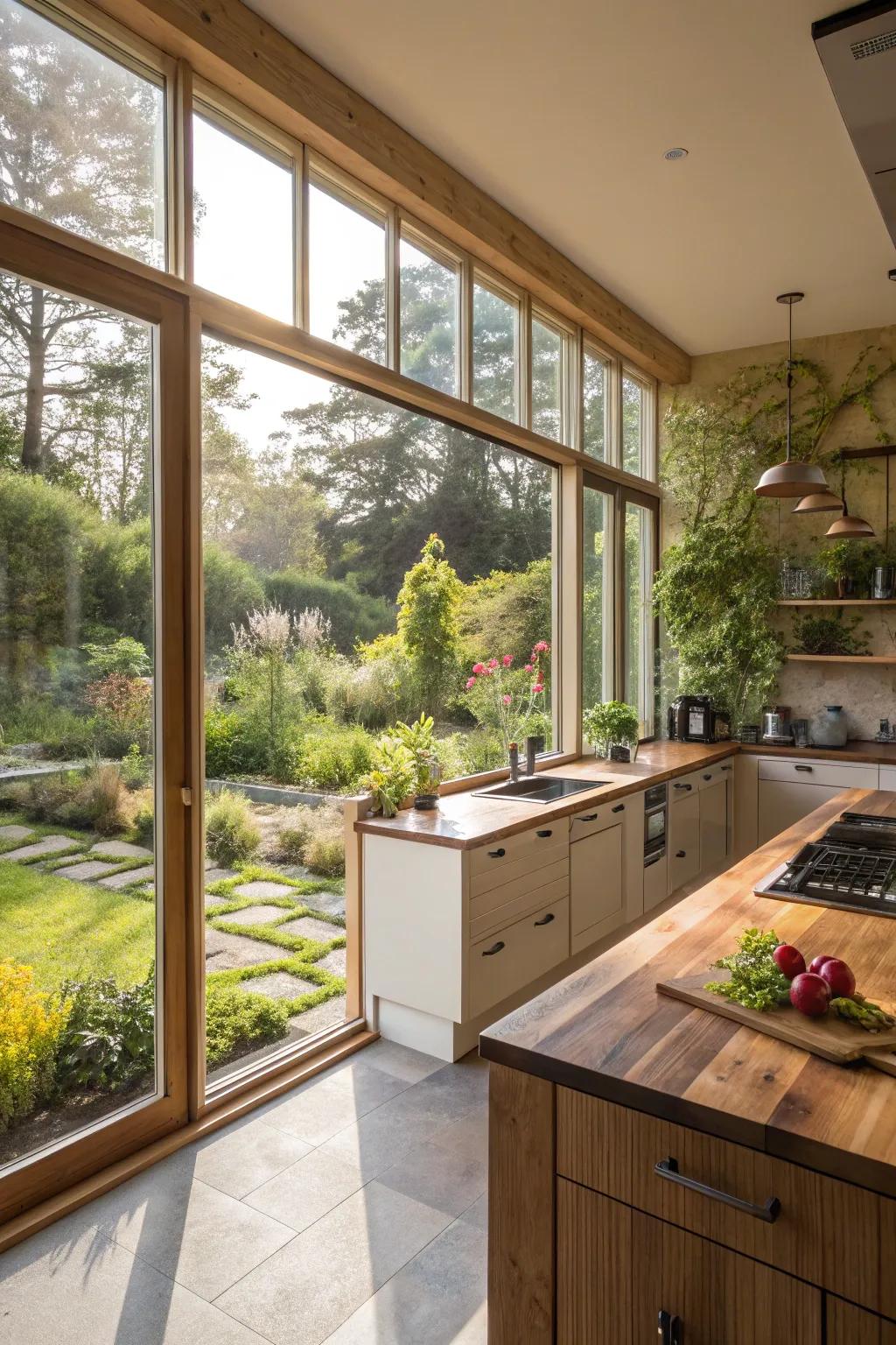 Large windows bringing light and life into the kitchen.