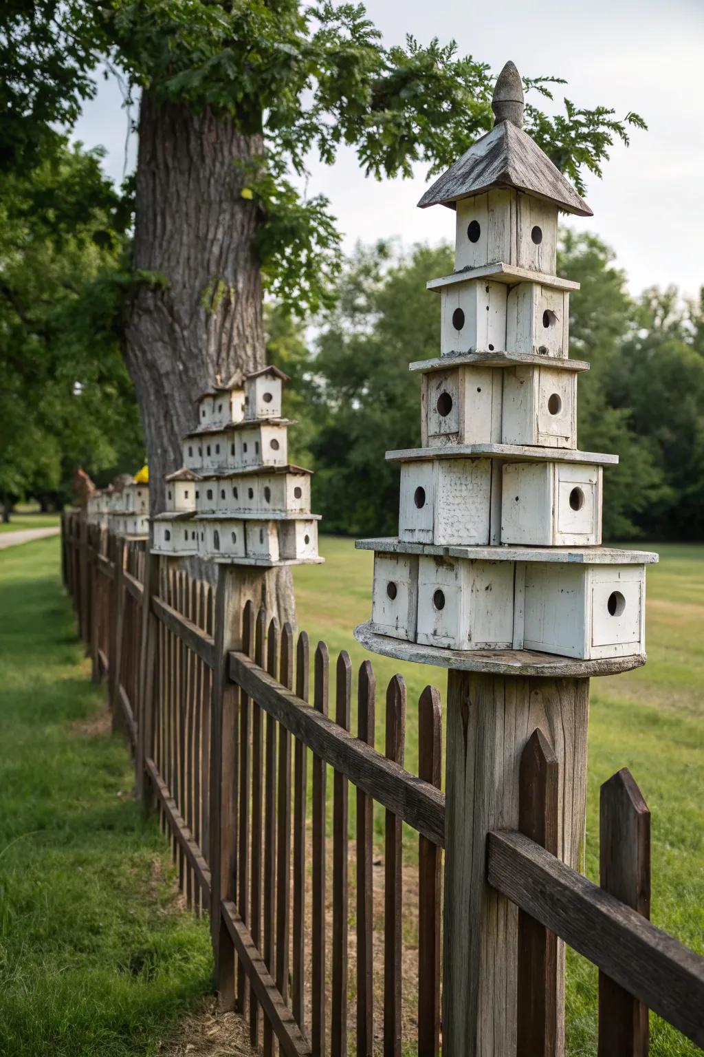 A tiered arrangement of birdhouses creates a theatrical display on the fence.