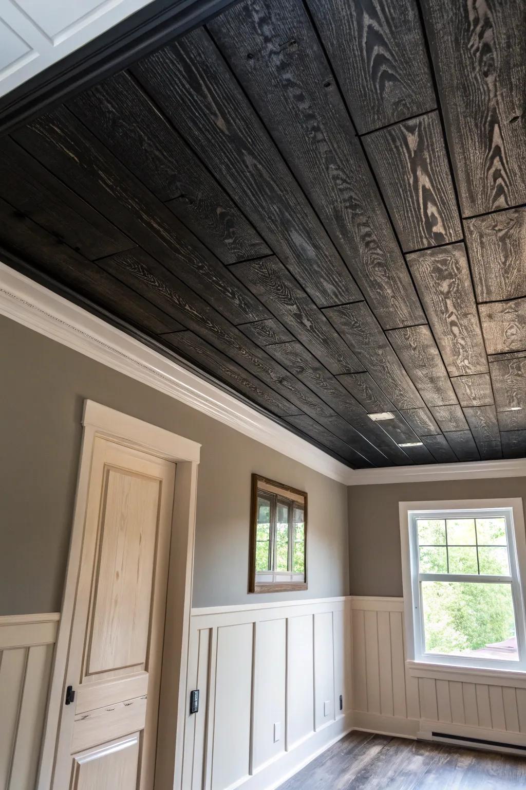 A room with a textured black ceiling that adds character and luxury.