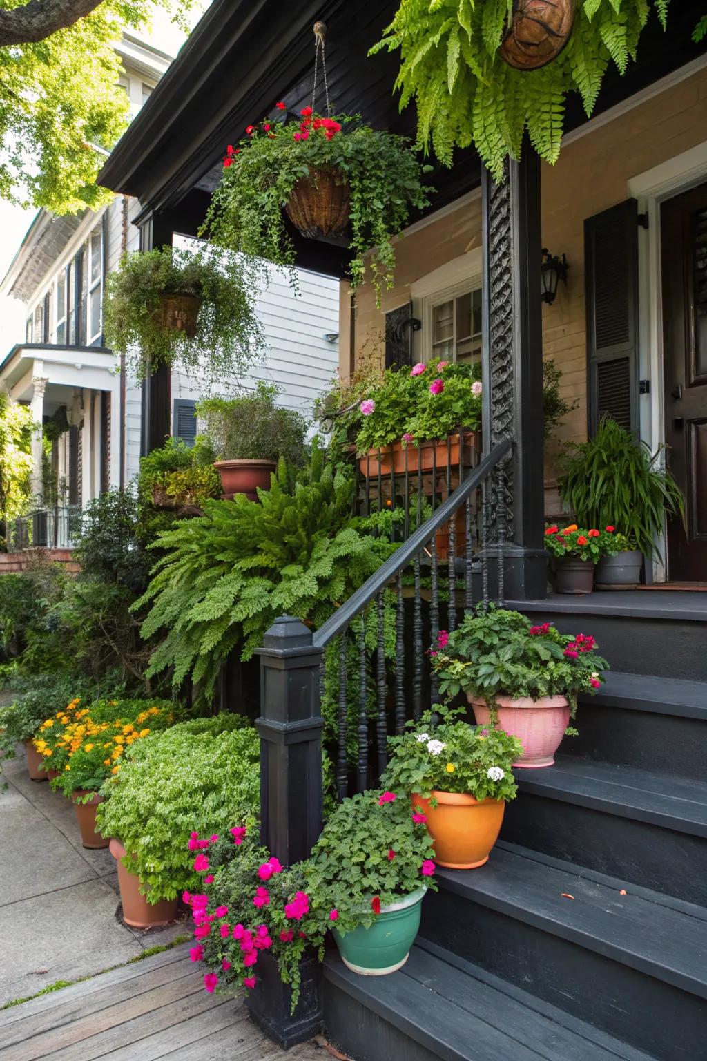 A dark porch abundant with potted plants and lush greenery.