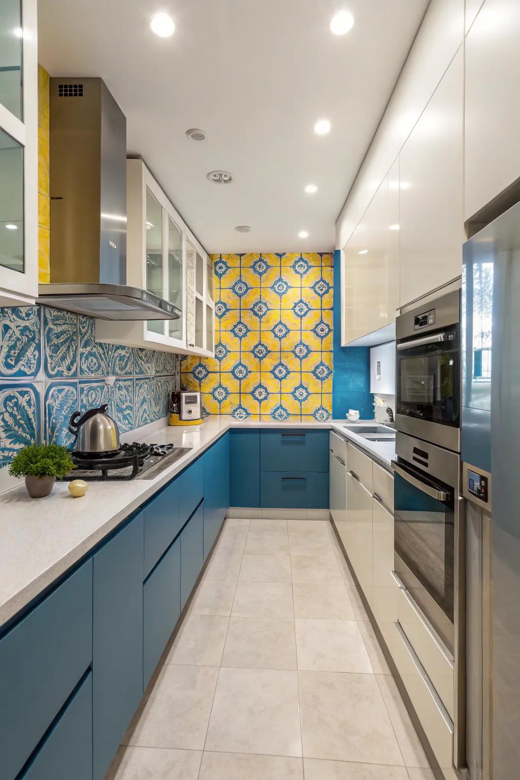 A cooking area showcasing an azure and amber panel for a chic statement.