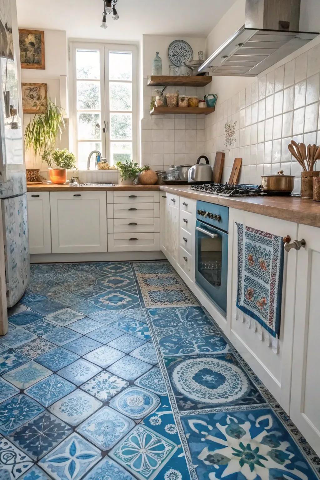 Eclectic blue tiles add an artistic flair to the kitchen.