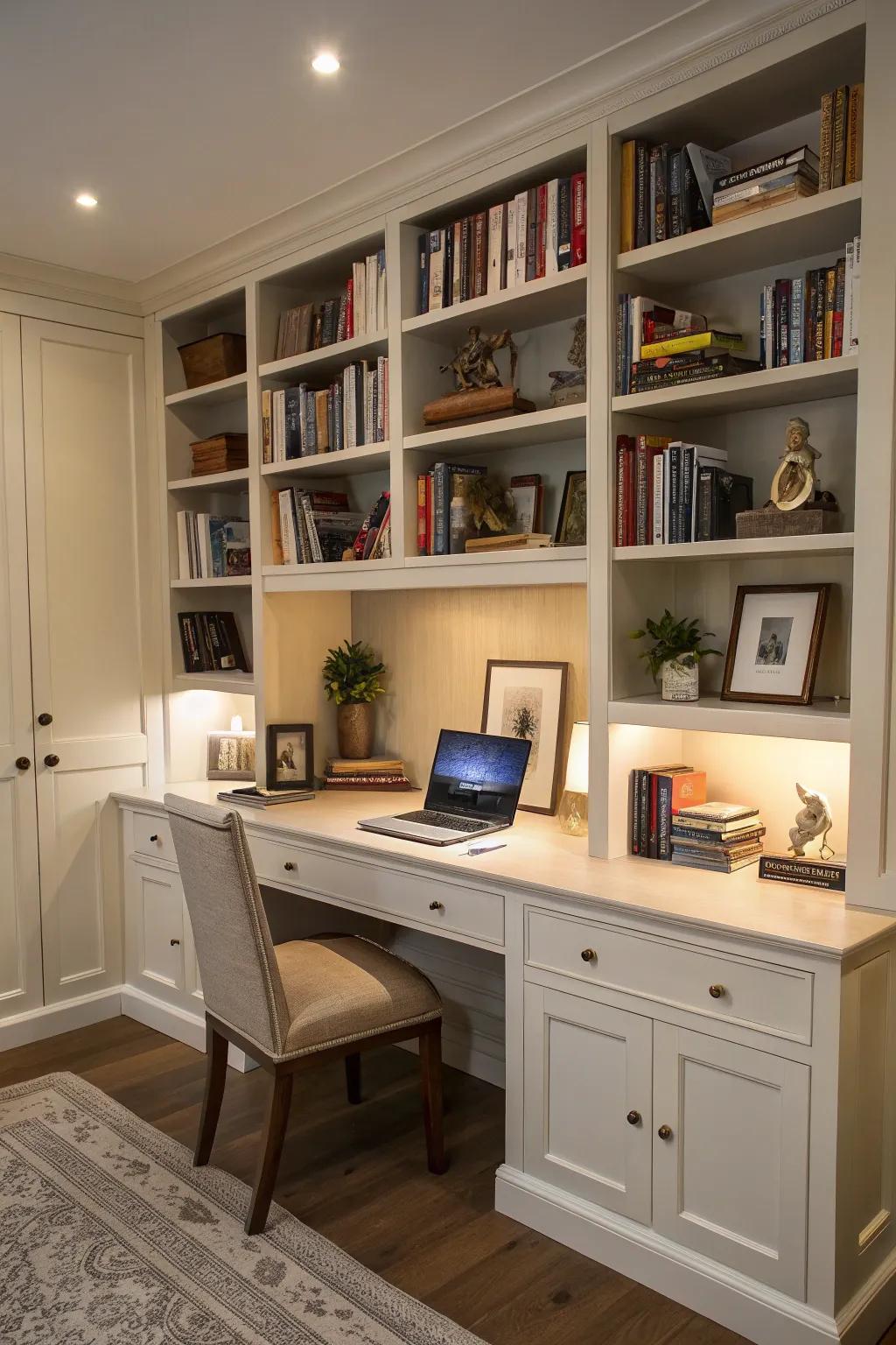 A multi-functional room merging a library and a work corner.