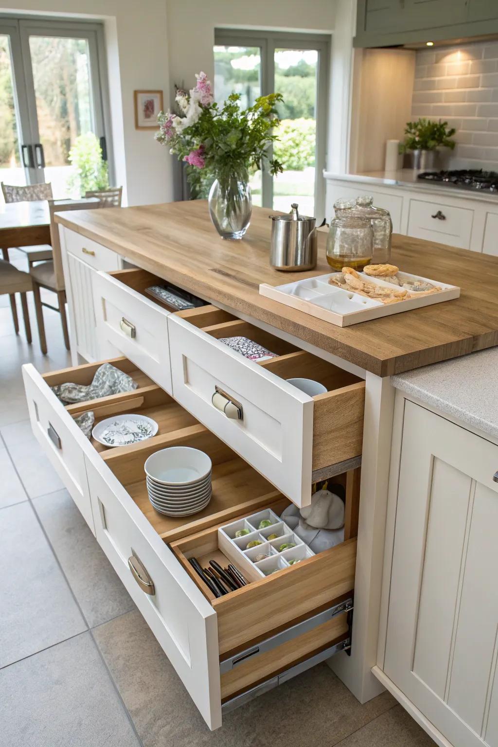 Intelligent use of space with built-in storage at a breakfast bar.