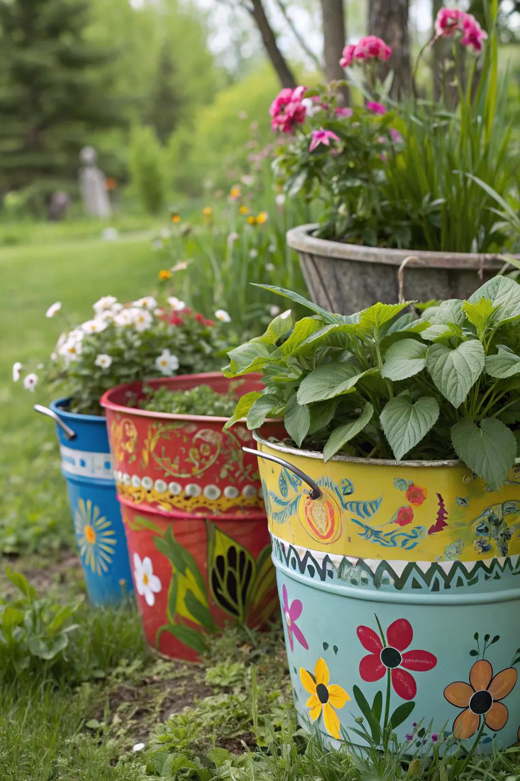 Upcycled buckets transformed into charming garden planters.