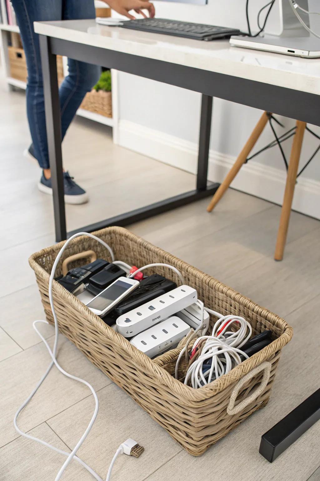 Under-desk cable tray for concealed storage.