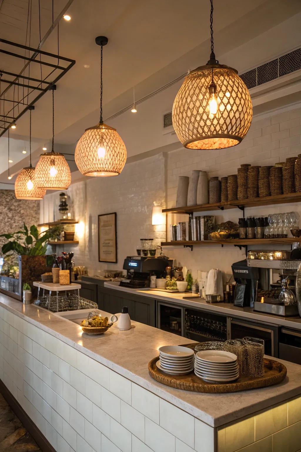 Statement lighting fixtures adding warmth and character to a cafe kitchen.