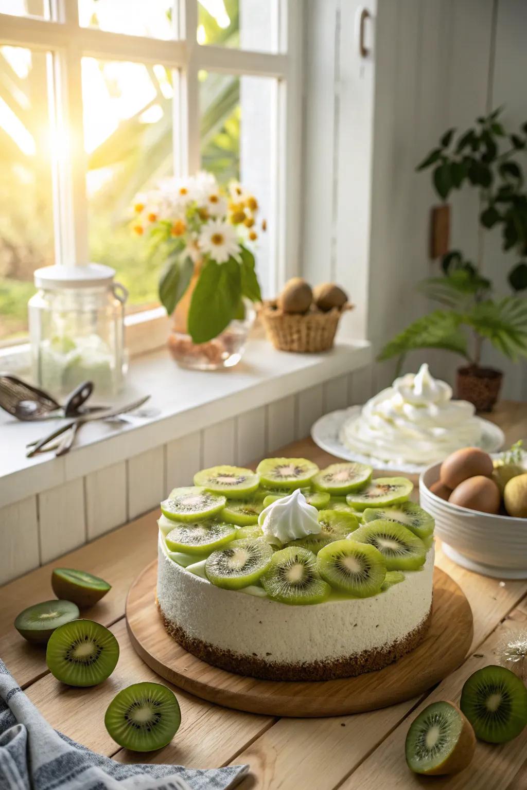 A kiwi dream cake is fresh and inviting.
