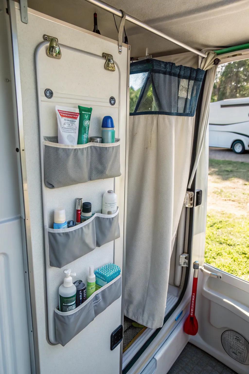 Shower curtain organizer providing additional storage for toiletries.