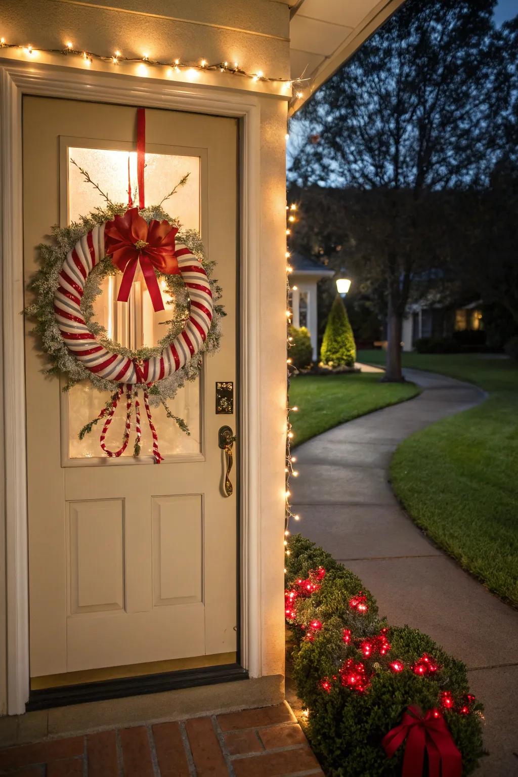 Receive visitors with a candy cane door adornment.
